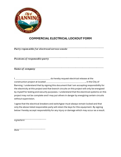 First page of the Commercial Electrical Lockout Form