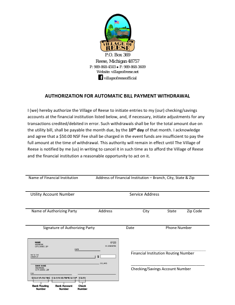 First page of the Authorization for Automatic Bill Payment Withdrawal
