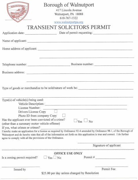 First page of the Transient Solicitors Permit Application