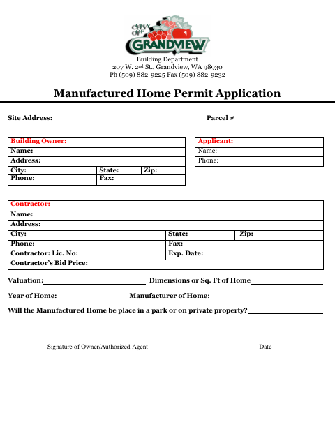 First page of the Manufactured Home Permit Application