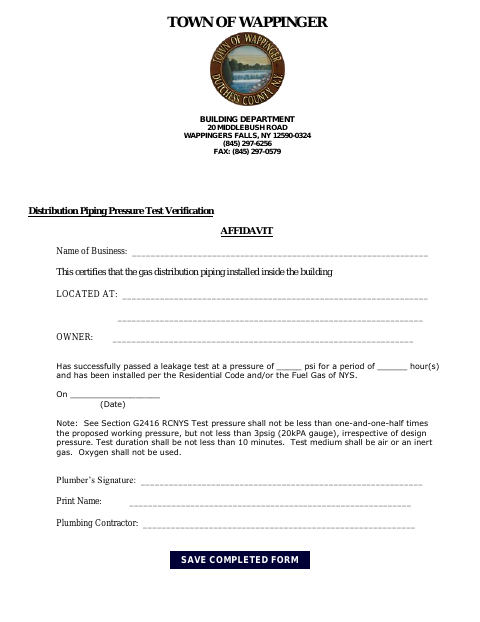 First page of the Piping Pressure Test Verification Affidavit