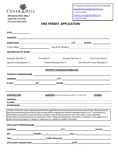 First page of the Fire Permit Application