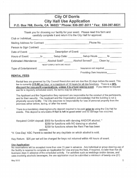 First page of the City Hall Rental Application