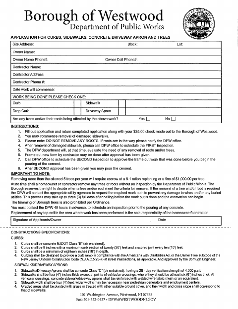 First page of the Sidewalk, Driveway and Curb Replacement Application