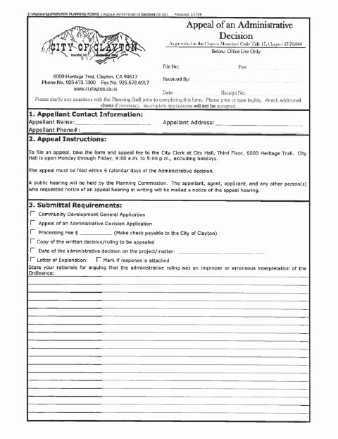 First page of the Appeal of an Administrative Decision