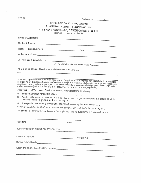 First page of the Variance Application