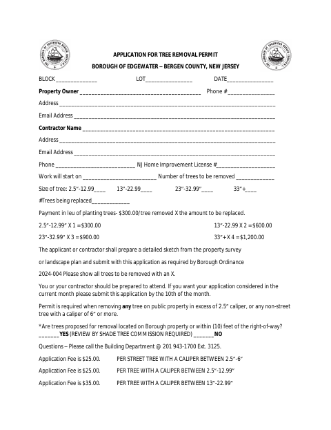 First page of the Application for Tree Removal Permit