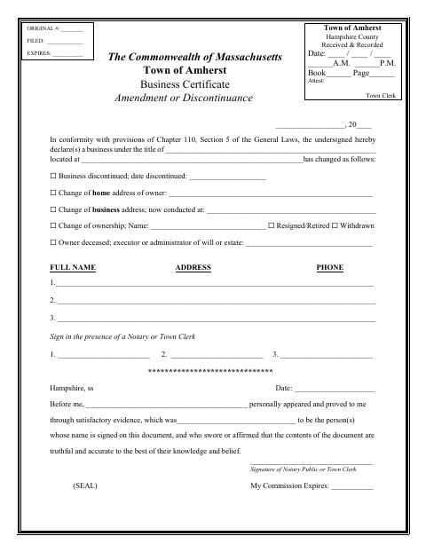 First page of the Business Certificate Amendment or Discontinuance