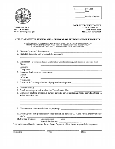 First page of the Application for Review and Approval of Subdivision of Property