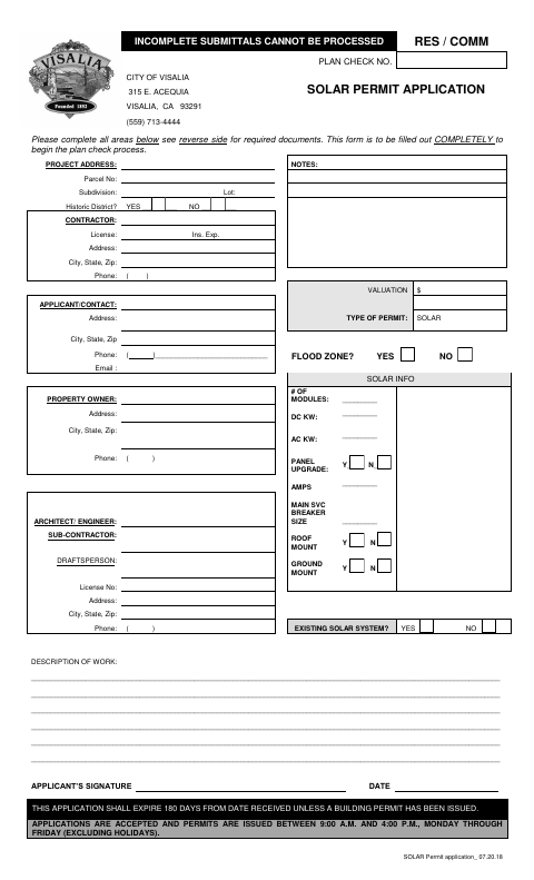 First page of the Solar Permit Application