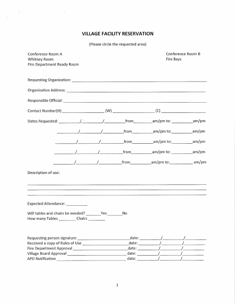 First page of the Village Facility Reservation Application & Agreement