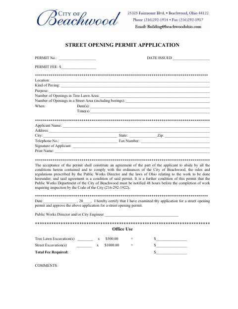 First page of the Street Opening Permit Application