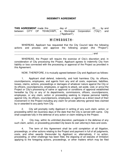 First page of the Indemnity Agreement