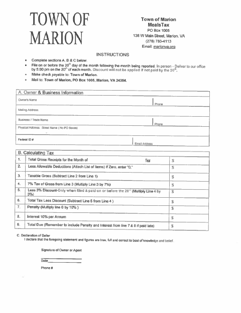 First page of the Meals Tax Form