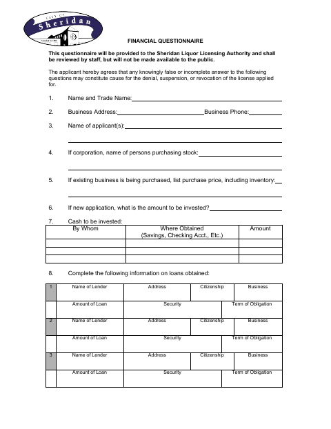 First page of the Liquor License Financial Questionnaire