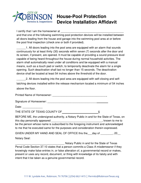 First page of the House Pool Protection Device Installation Affidavit