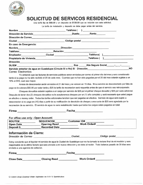 First page of the Residential Utility Service Application (Spanish)