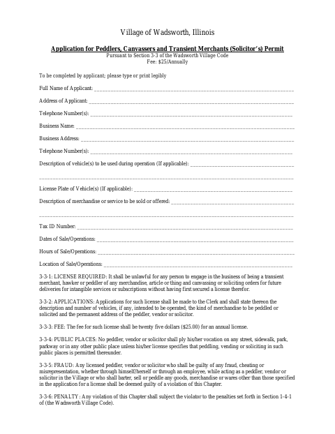 First page of the Application for Peddlers, Canvassers and Transient Merchants Permit