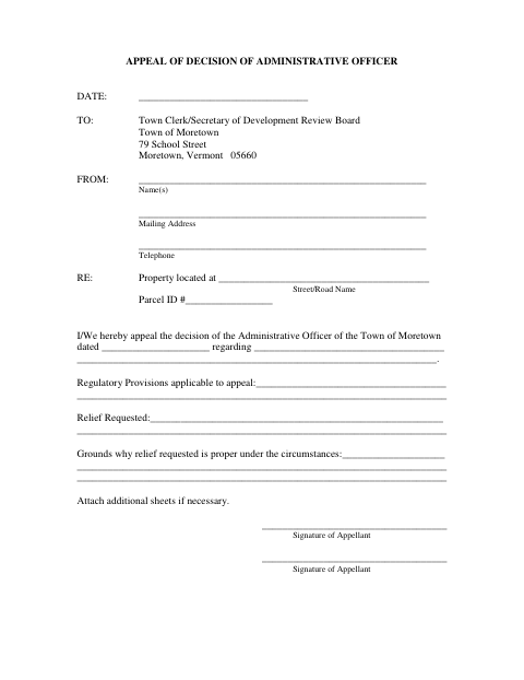 First page of the Appeal of Administrative Officer Decision and Request for Stay