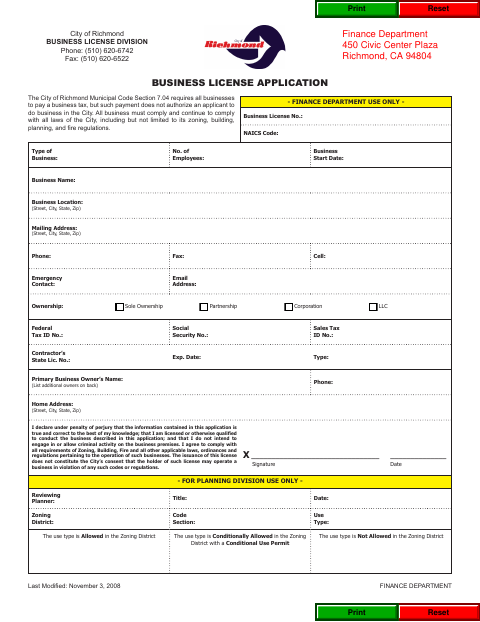First page of the Business License Application
