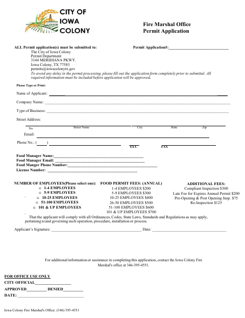 First page of the Food Establishment Permit Application