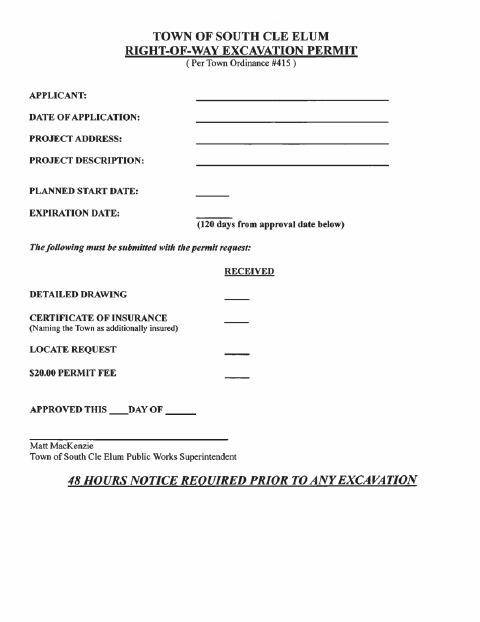 First page of the Right-of-Way Excavation Permit