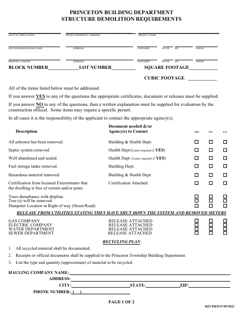 First page of the Structure Demolition Requirements