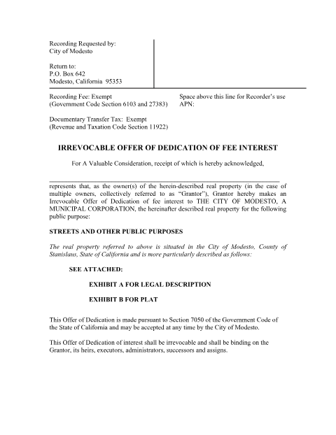 First page of the Irrevocable Offer of Dedication of Fee Interest