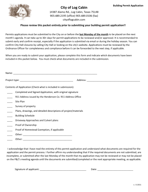 First page of the Building Permit Application