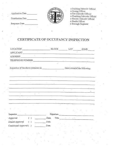 First page of the Certificate of Occupancy Inspection