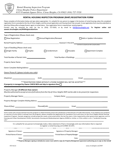 First page of the Rental Housing Inspection Program Registration Form