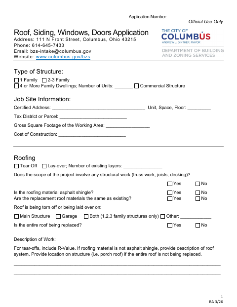 First page of the Roofing, Siding, Window, Door Permit Application