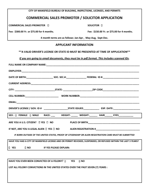 First page of the Commercial Sales Promoter / Solicitor Application