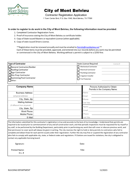 First page of the Contractor Registration Application