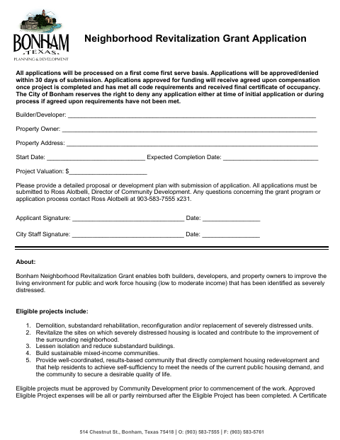 First page of the Neighborhood Revitalization Grant Application