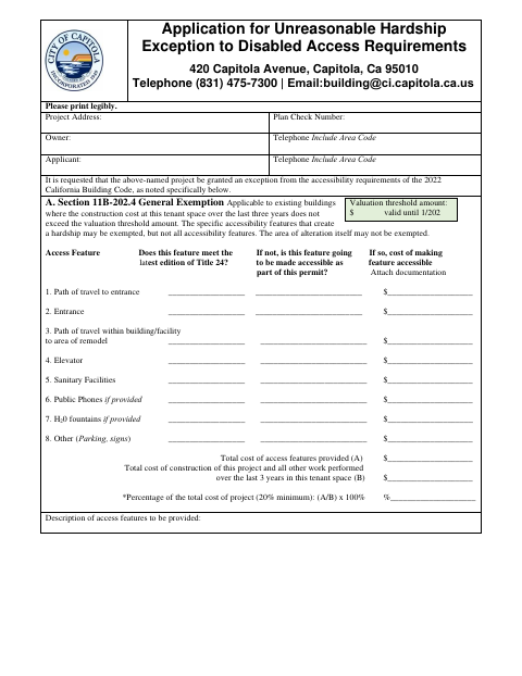 First page of the Application for Unreasonable Hardship Exception to Disabled Access Requirements