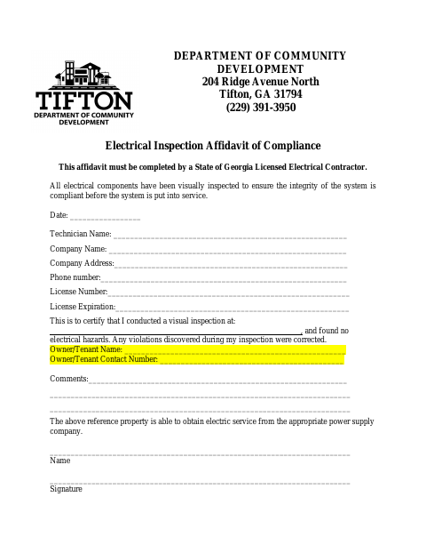 First page of the Electrical Inspection Affidavit of Compliance
