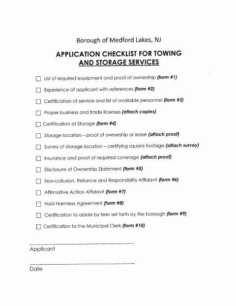First page of the Towing and Storage Service Application