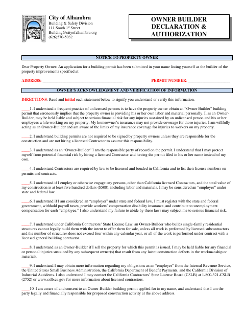 First page of the Owner Builder Declaration & Authorization