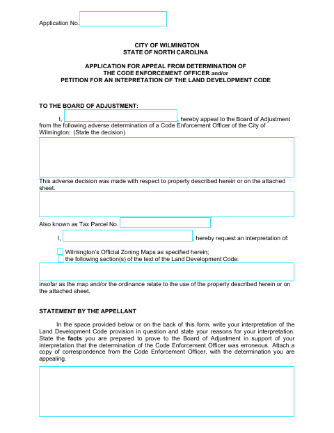 First page of the Application for Appeal From Determination of the Code Enforcement Officer