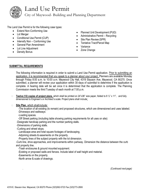 First page of the Land Use Permit Application