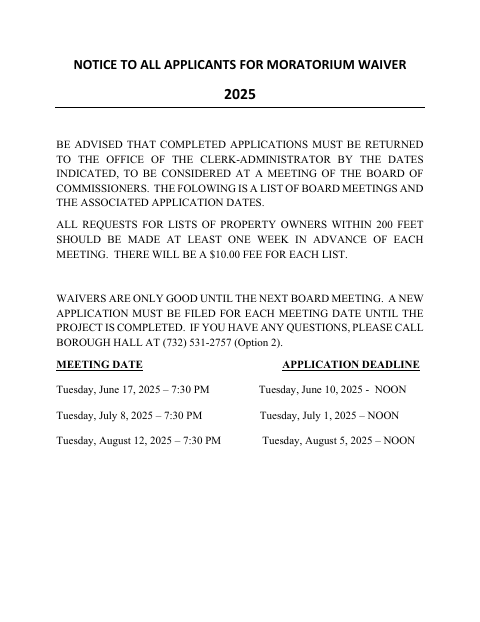 First page of the Moratorium Waiver Application