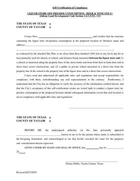 First page of the Liquor Store Off-Premise Consumption Self-Certification