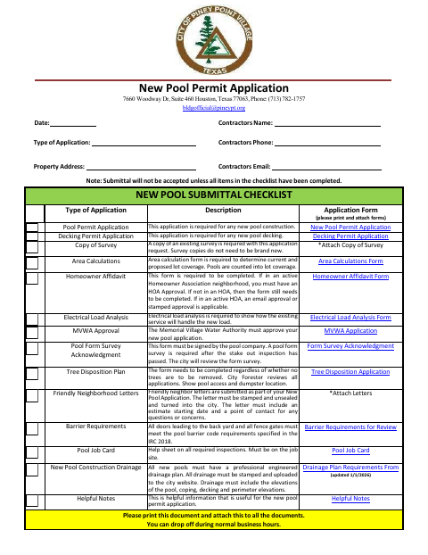 First page of the New Pool Permit Application