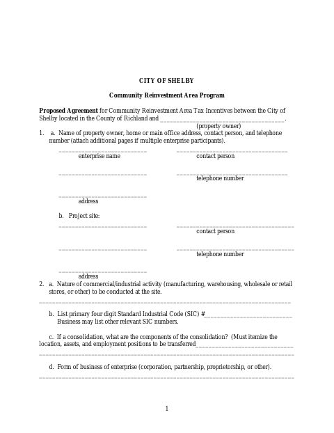 First page of the Proposed Agreement for Community Reinvestment Area Tax Incentives
