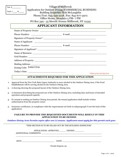 First page of the Application for Outdoor Dining