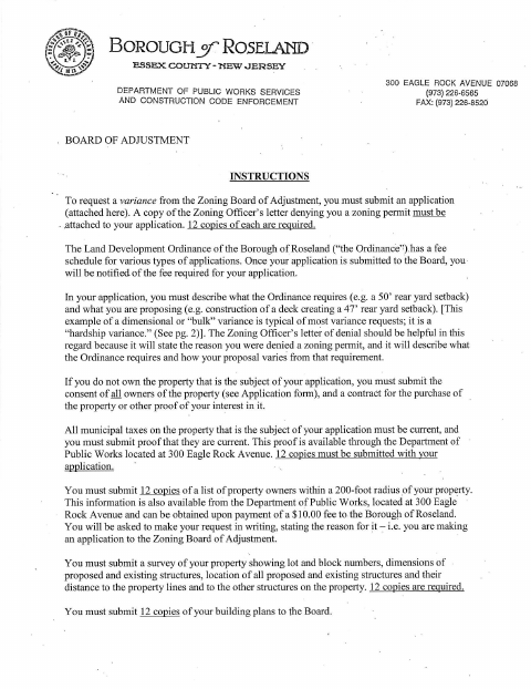 First page of the Zoning Board of Adjustment Application