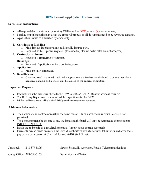 First page of the DPW Permit Application