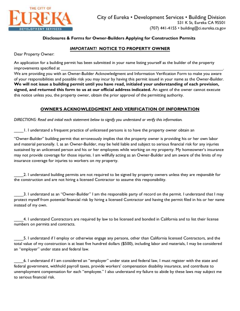First page of the Owner-Builder Acknowledgment