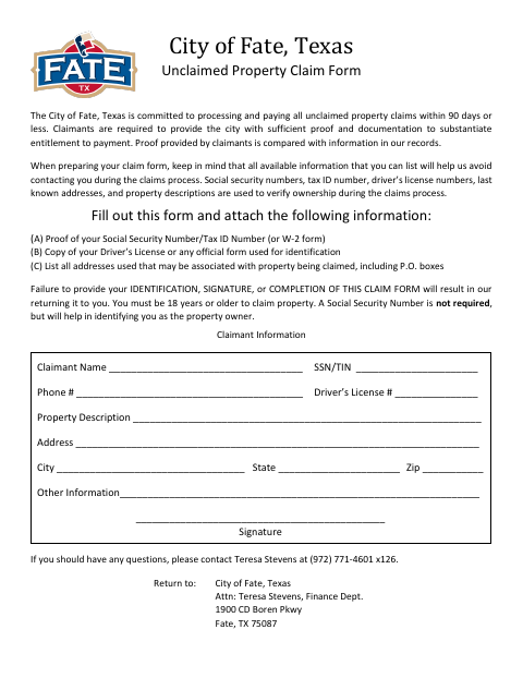 First page of the Unclaimed Property Claim Form